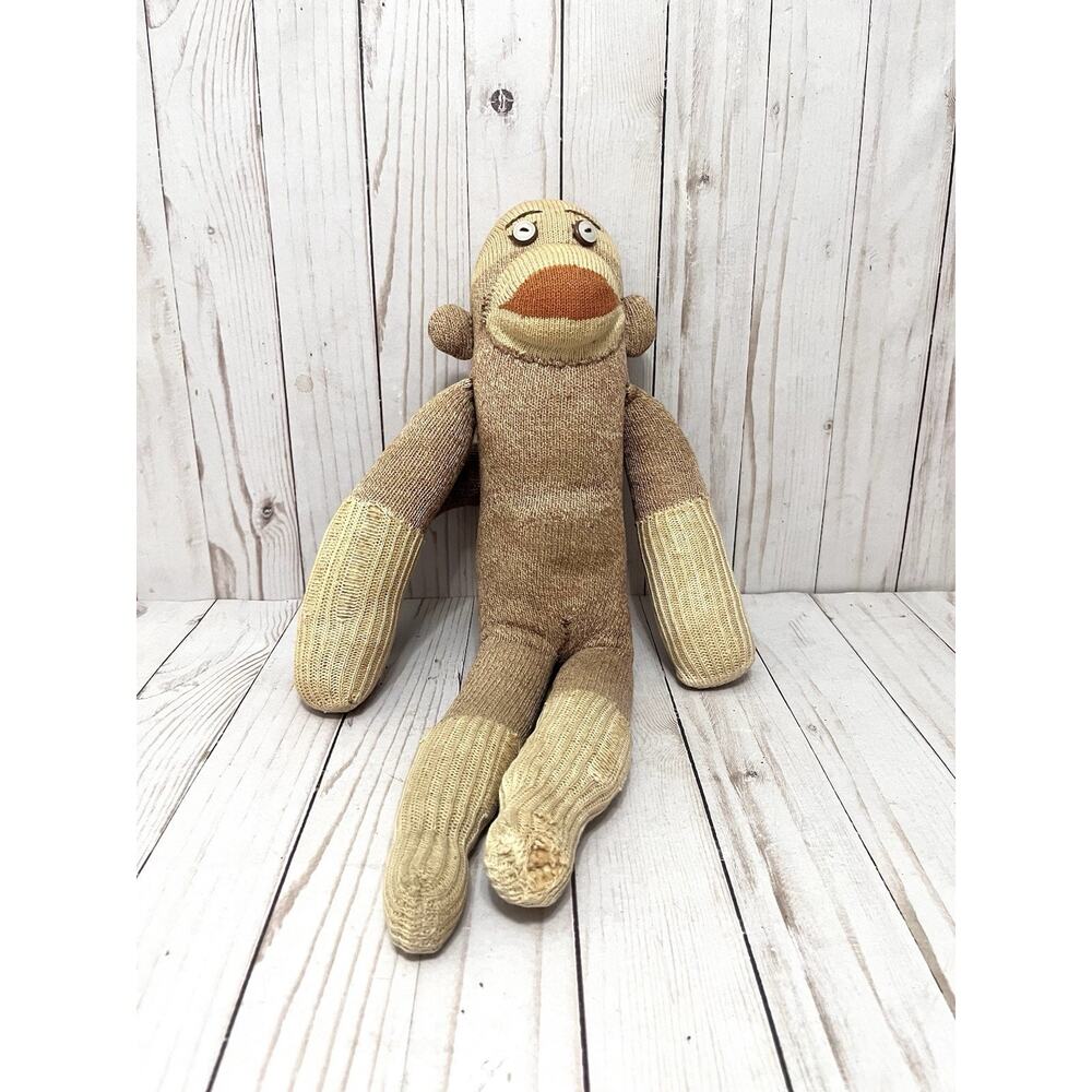 Vintage Handmade Sock Monkey Plush Primitive Farmhouse Decor Worn Loved Toy